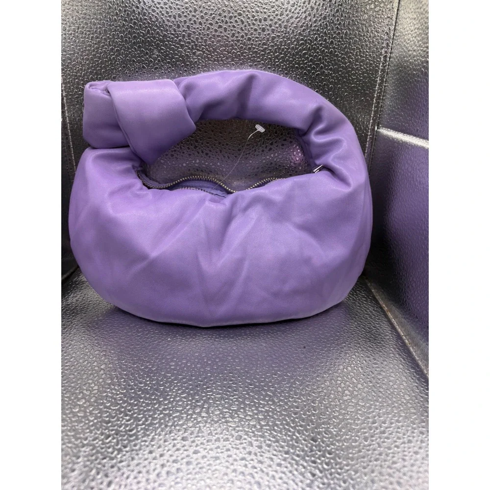 Purple Knotted Soft Hobo Bag Ruched Faux Leather Croissant Handbag Lavender